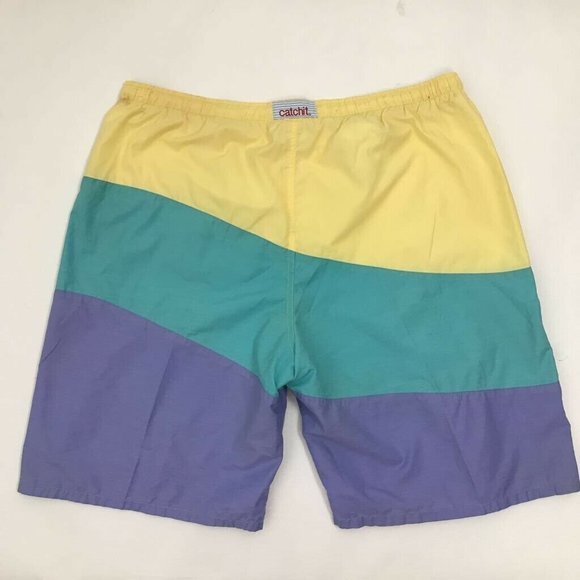 Vintage Catchit Mens Board Shorts Yellow Blue 38 - Picture 3 of 7